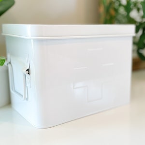 White Embossed Metal First Aid Kit with Compartments, Medicine Cabinet Storage Chest, Unique Vintage Style, Dorm Room, Girls Bathroom Decor