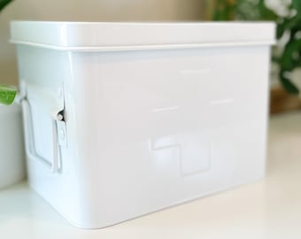 White Embossed Metal First Aid Kit with Compartments, Medicine Cabinet Storage Chest, Unique Vintage Style, Dorm Room, Girls Bathroom Decor