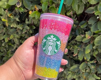 Rainbow Rhinestone Filled StarBucks Grande Cup / Starbucks tumbler / Custom Tumbler