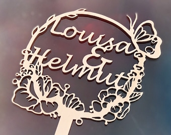 Cake Toppers aus Holz Hochzeit Geburtstag Party Deco Gravur Personalisierung Kinder Schmetterling Rustic Floral , Produced in Germany