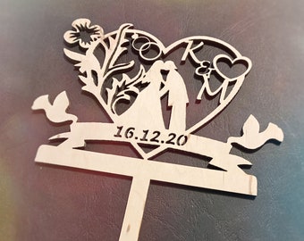 Cake Topper Cake Plug Caketopper Personalized for Wedding Pair Pigeons with Date and Names Wooden, Produced in Germany