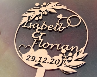 Cake Topper Cake Plug Caketopper Personalized for Wedding with Names and Date Wooden Floral Hearts , Produced in Germany