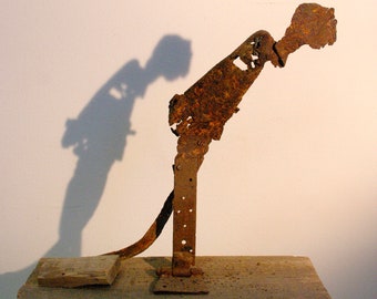 Wood-based sculpture Ruggini medium size Antonio Panzuto Iron sculpture wooden base table Rusty