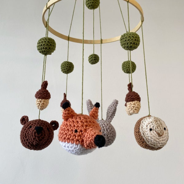 WOODLAND – hand crocheted baby mobile on bamboo hoop, nursery décor, woodland, gender neutral