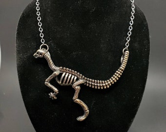 Dinosaur Skeleton Necklace, metal 16 inch chain, dinosaur jewelry, dino charm, birthday gifts for alternative, emo, goth, women, and teens