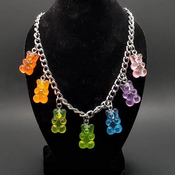 E-Girl Rainbow Gummy Bear Choker Necklace, Silver chain, great present for Halloween, pride, or birthday gift women, girl, or unisex teen.