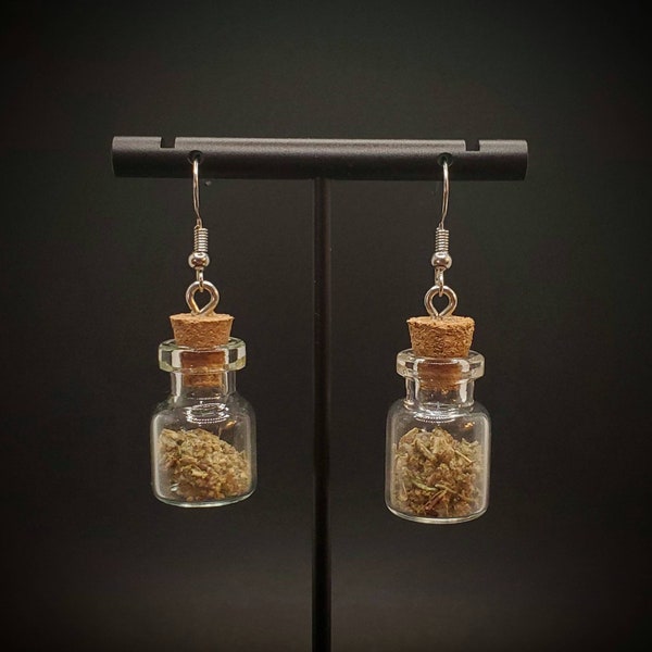 Faux Weed-Jar Earrings. 420, weed, marijuana inspired nickel free jewelry, great gift for all your stoner, budtender friends.