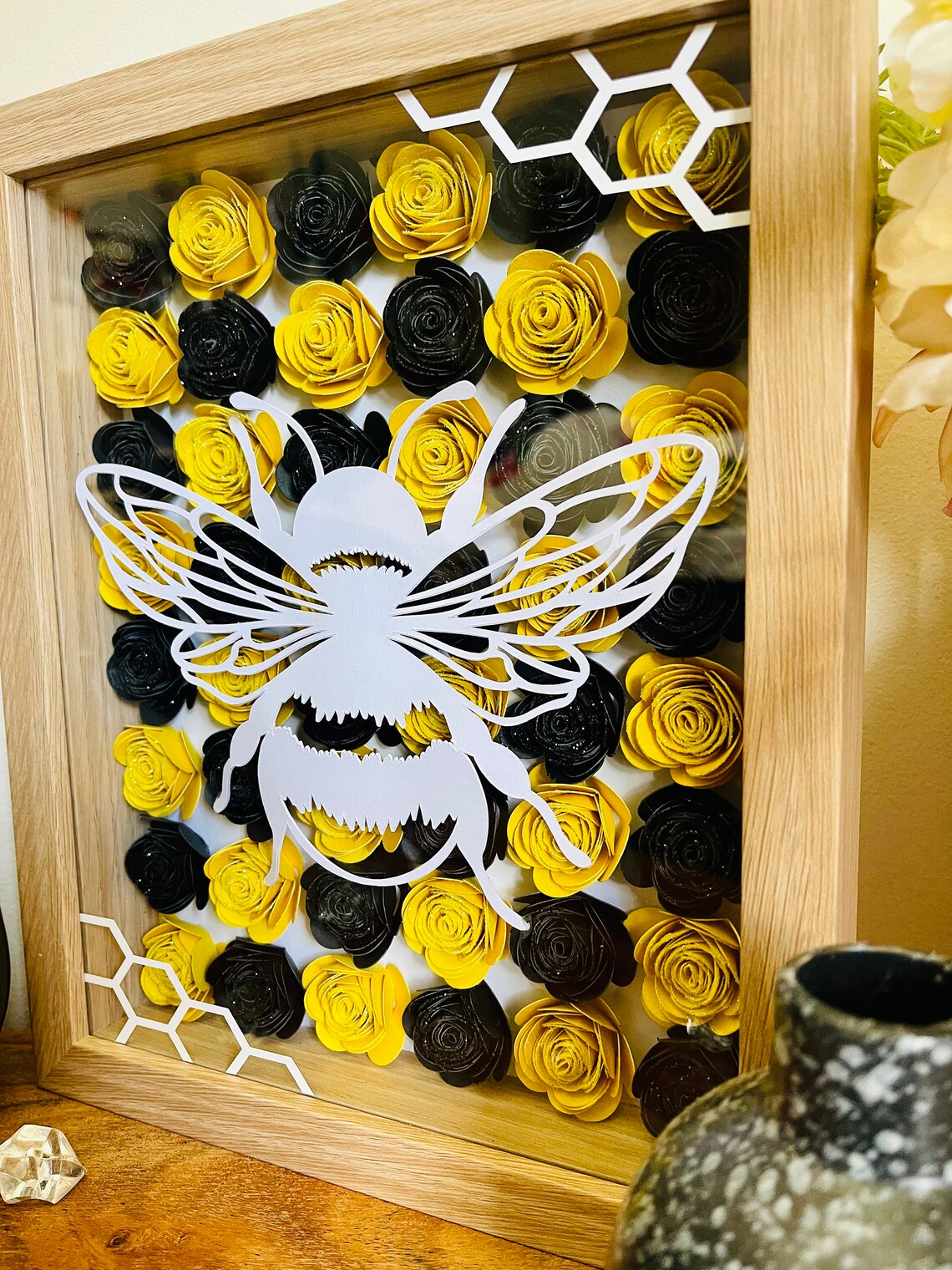 Bee Shadow Box Rose Shadow Box Flower Frame Bumble Bee Etsy