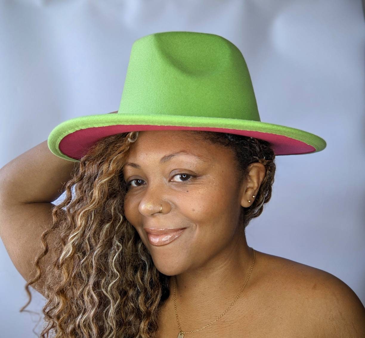 Lime green and pink fedora. Lime green hat. AKA hat. Sorority Etsy
