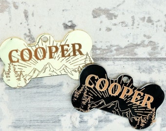 Gold/GunBlack Stainless Steel Dog Tag, Bone Shape, Custom SIMPLE Mountain Style ID Tags, Personalized Outdoor Dog Name Tag, Engraved Pet Tag