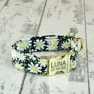 Black & White Daisy Floral Dog Collar w/ metal buckle, HAND MADE , Custom Engraved Personalized Collar, 1 inch wide, designer collars