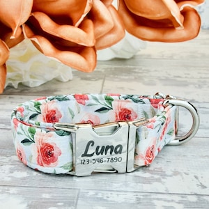 Blush Rose Floral Dog Collar w/ metal buckle - plastic| HAND MADE | Custom Engraved Personalized Collar| 1 inch wide| designer collar