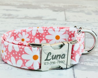 Pink-Daisy Floral Dog Collar w/ metal buckle or plastic | HAND MADE | Custom Engraved Personalized Collar | 1 inch wide | designer collars