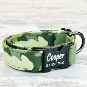 Green Camo Dog Collar w/ metal buckle, HAND MADE , Custom Engraved Personalized Collar,Durable