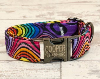 Colorful Swirls Dog Collar, Laser Engraved Metal Buckle, Quick Release Buckle, Designer Collars, 1" or 5/8" wide