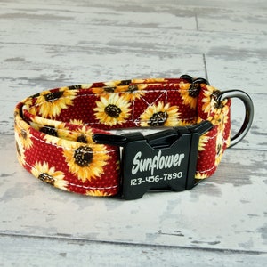 Red Sunflower Floral Dog Collar w/ metal buckle, HAND MADE , Custom Engraved Personalized Collar, 1 inch wide, designer collars