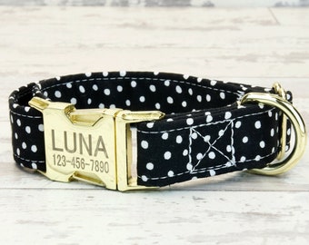 Black polkadot style Dog Collar w/ metal buckle, HAND MADE , Custom Engraved Personalized Collar, 1 inch wide, designer collars