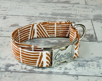 Aztec cocoa stripes Dog Collar w/ metal buckle, HAND MADE , Custom Engraved Personalized Collar, 1 inch wide, designer collars