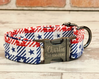 American Stars style Dog Collar w/ metal buckle, HAND MADE , Custom Engraved Personalized Collar, 1 inch wide, designer collars