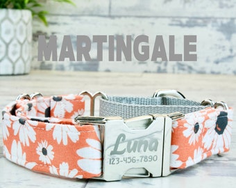 Peach Daisy Floral Dog Collar w/ metal buckle, Martingale, HAND MADE , Custom Engraved Personalized Collar, 1 inch wide, designer collars
