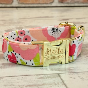 Spotted Floral Dog Collar, Laser Engraved Metal Buckle, Quick Release Buckle, Designer Collars, 1 inch wide