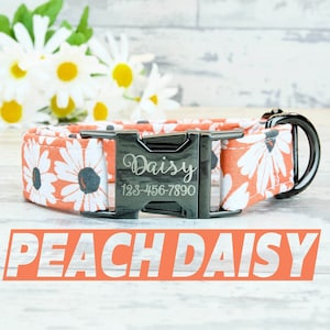 Peach Daisy Floral Dog Collar w/ metal buckle or plastic, HAND MADE , Custom Engraved Personalized Collar, 1 inch wide, designer collars