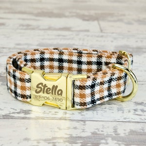 Beige Plaid Dog Collar w/ metal buckle, HAND MADE , Custom Engraved Personalized Collar, 1 inch wide, designer collars