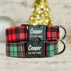 Red or Green Plaid Dog Collar w/ metal buckle, HAND MADE , Custom Engraved Personalized Collar, 1 inch wide, designer collars
