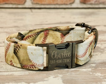 Baseball, Sports Dog or Cat Collar & leash w/ metal buckle or plastic | HAND MADE | Custom Engraved Personalized Collar | 1" or 5/8" wide