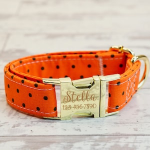 Orange/Black polkadot Dog Collar w/ metal buckle, HAND MADE , Custom Engraved Personalized Collar, 1 inch wide OR 5/8 inch wide