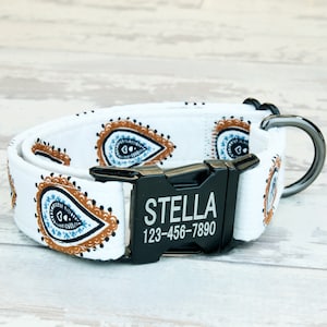 Boho Rainbow/ White Paisley Dog Collar w/ metal buckle, HAND MADE , Custom Engraved Personalized Collar, 1 inch wide, designer collars