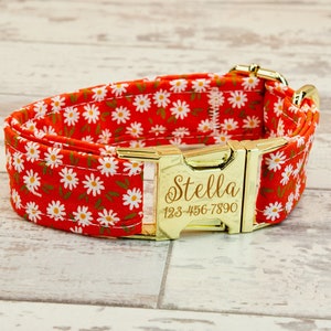 Red daisy Dog or Cat Collar & leash w/ metal buckle or plastic | HAND MADE | Custom Engraved Personalized Collar | 1" or 5/8" wide