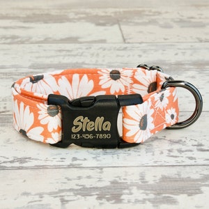 Peach Daisy Floral Dog Collar w/plastic buckle, HAND MADE , Custom Engraved Personalized Collar, 1 inch wide, designer collars