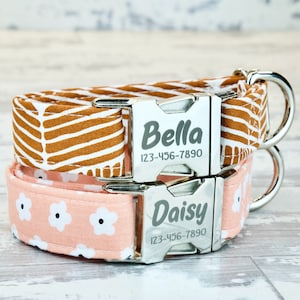 Forget-me-not floral/Aztec cocoa Dog Collar w/metal buckle | HAND MADE | Custom Engraved Personalized Collar | 1 inch wide| designer collars