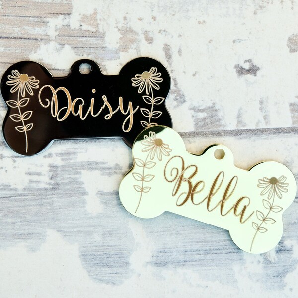 Placa de identificación de acero inoxidable en dorado/negro, forma de hueso, con diseño floral de margaritas, placa de identificación personalizada para perro al aire libre, placa grabada para mascota.