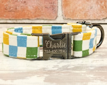Retro Checkers Dog or Cat Collar & leash w/ metal buckle or plastic | HAND MADE | Custom Engraved Personalized Collar | 1" or 5/8" wide