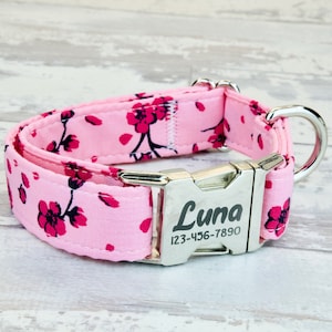 Cherry Blossoms Floral Dog Collar w/ metal buckle or plastic, HAND MADE , Custom Engraved Personalized Collar, 1 inch wide, designer collars