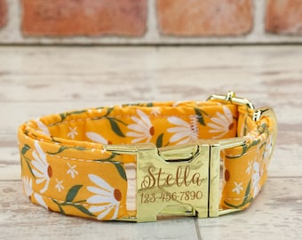 Yellow Floral Dog or Cat Collar & leash w/ metal buckle or plastic | HAND MADE | Custom Engraved Personalized Collar | 1" or 5/8" wide