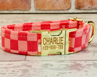 Pink Checkers Dog or Cat Collar & leash w/ metal buckle or plastic | HAND MADE | Custom Engraved Personalized Collar | 1" or 5/8" wide