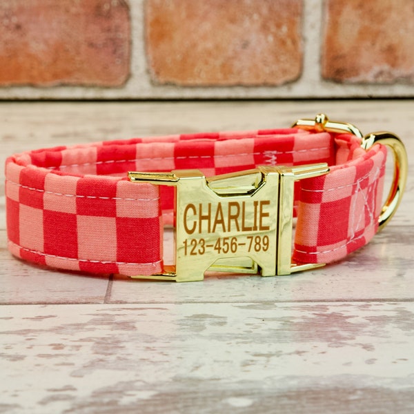 Pink Checkers Dog or Cat Collar & leash w/ metal buckle or plastic | HAND MADE | Custom Engraved Personalized Collar | 1" or 5/8" wide