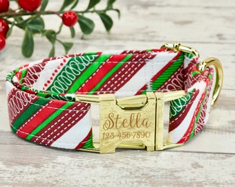 Candy cane, red/green Christmas Dog Collar w/ metal buckle or plastic, HAND MADE , Custom Engraved Personalized Collar, 1 inch wide