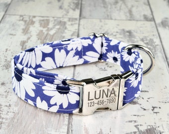 Purple Daisy Floral Dog Collar w/ metal buckle, HAND MADE , Custom Engraved Personalized Collar, 1 inch wide, designer collars