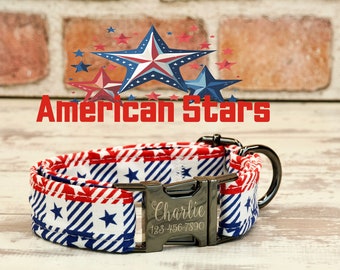 American Stars style Dog Collar w/ metal buckle, HAND MADE , Custom Engraved Personalized Collar, 1 inch wide, designer collars