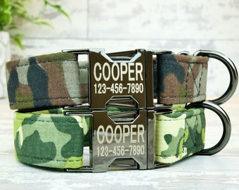 Camo / Dark camo Dog Collar w/ metal buckle, HAND MADE , Custom Engraved Personalized Collar