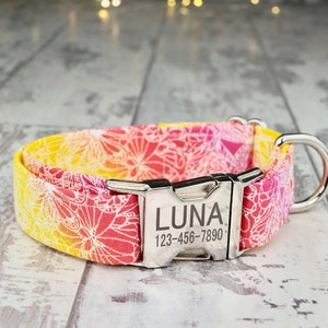 Lemonade Floral Dog Collar w/ metal buckle, HAND MADE , Custom Engraved Personalized Collar