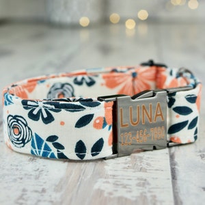 Peach Floral Dog Collar w/ metal buckle, HAND MADE , Custom Engraved Personalized Collar, 1 inch wide, designer collars