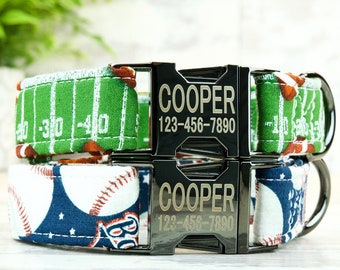 Football/Baseball Dog Collar w/ metal buckle, HAND MADE , Custom Engraved Personalized Collar, 1 inch wide, designer collars