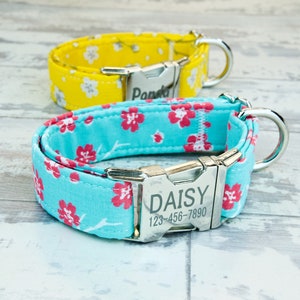 Cherry Blossoms Floral Dog Collar w/ metal buckle or plastic, HAND MADE , Custom Engraved Personalized Collar, 1 inch wide, designer collars