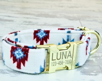 Personalized White Boho Dog collar, Laser Engraved Metal Buckle, Quick Release Buckle, Designer Collars, 1 inch wide