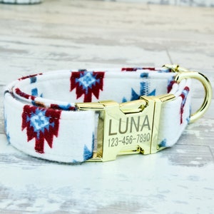 Personalized White Boho Dog collar, Laser Engraved Metal Buckle, Quick Release Buckle, Designer Collars, 1 inch wide image 2